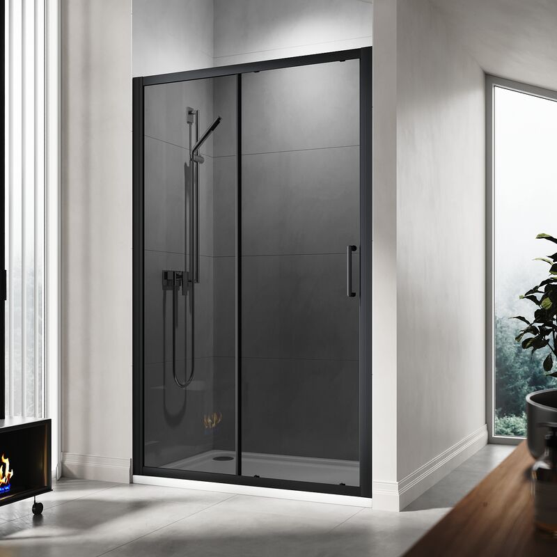 1000mm Shower Enclosure Black Sliding Door 8mm Nano Coated Glass Cabin with Shower Base Tray 1000x760mm and Waste Trap - Elegant