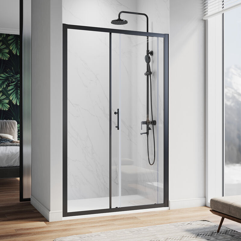 1000mm Sliding Shower Door Black Frame Bathroom screen glass + 1000 x 800mm Slip-Resistance Shower Tray with Waste and Resin Cover Grate - Elegant