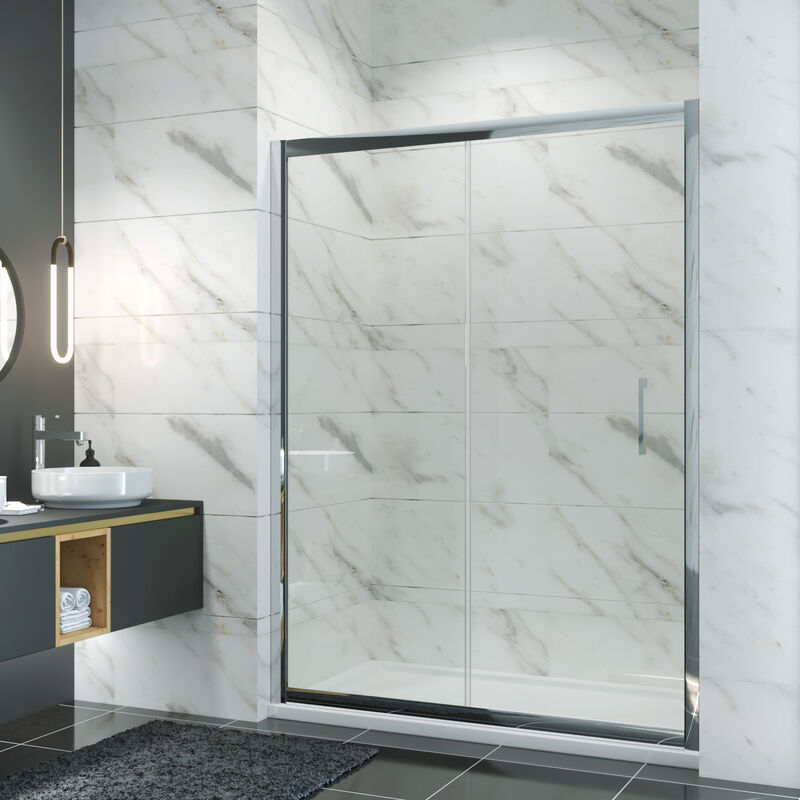 1000mm Sliding Shower Enclosure Walk in Glass Cubicle 8mm Nano Coated Bathroom Door with Shower Base Tray 1000x760mm and Waste Trap - Elegant