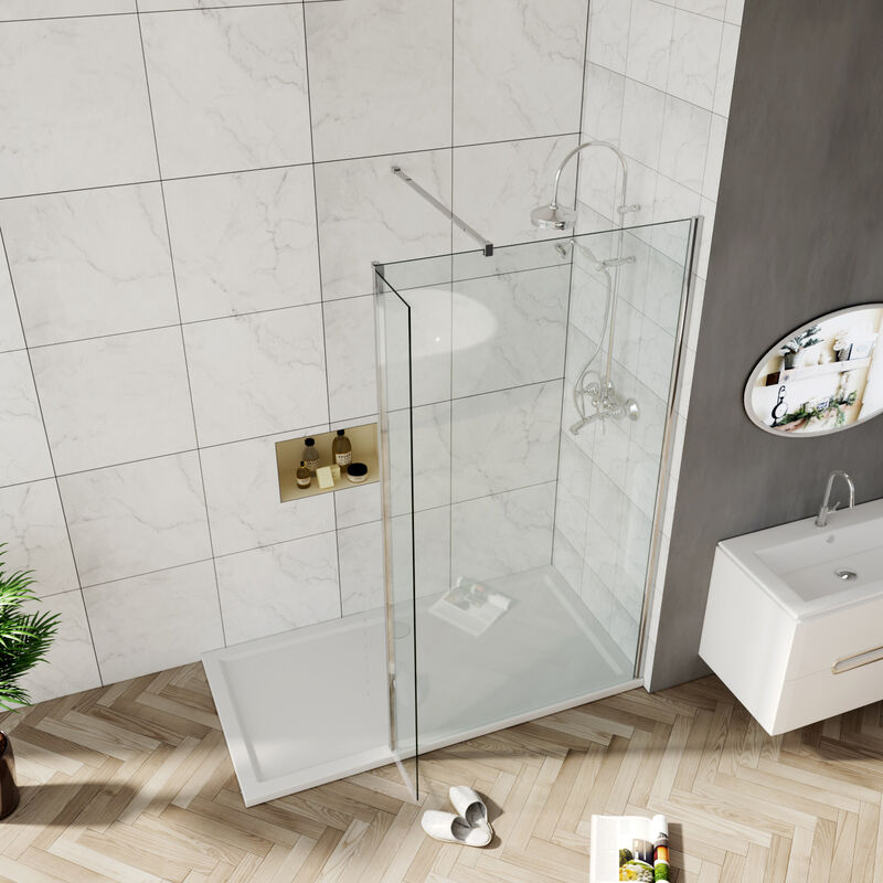 1000mm Walk in Shower Door with 300mm Flipper Panel Screen 6mm Water Proof Glass Open Entry Shower Cabin + 1600x700mm Bathroom Base Tray and Free