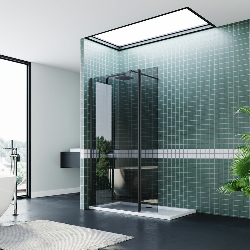 1100mm Grey Modern Shower Door with 300mm Matte Black Shower Screen 8mm Nano Coated Glass Shower Enclosure with 1600x800mm Shower Tray and Waste Trap