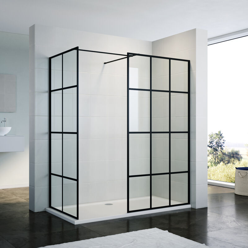 1200mm Matte Black Frame Walk in Wet Room 700mm Side Screen Panel 8mm Tempered Glass Shower Cabin Enclosure Include Double Stainless Steel Support