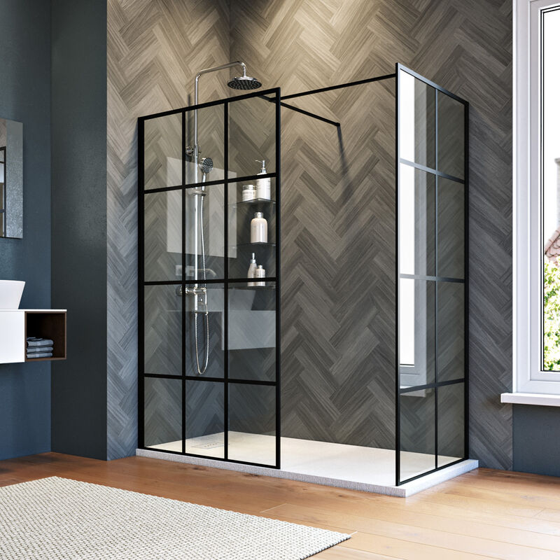 1200mm Walk in Shower Cabin Black Framed Shower Door 800mm Side Screen Panel Bathroom Enclosure Include Double Stainless Steel Support Rod - Elegant
