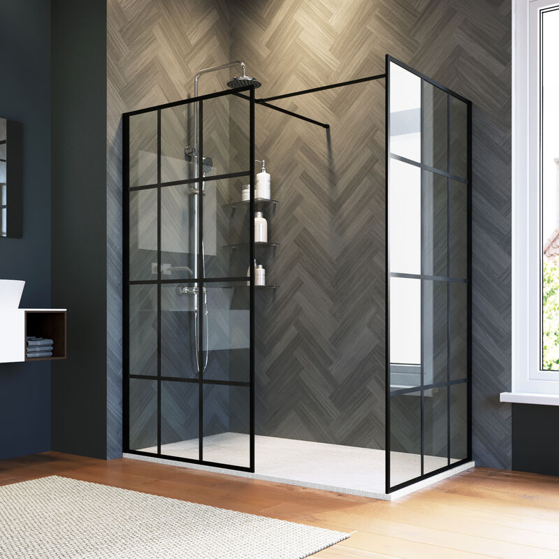 1200mm Walk in Shower Cabin Black Framed Shower Door 900mm Side Screen Panel Bathroom Enclosure Include Double Stainless Steel Support Rod - Elegant
