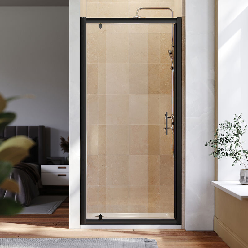 Elegant - 760mm Black Frame Pivot Shower Door Enclosure Reversible Bathroom Wet Room, 1000x760mm Shower Tray, Waste Trap, Riser Kit