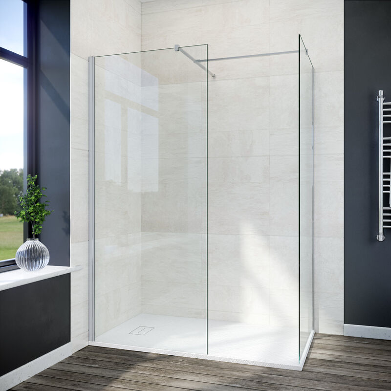 Elegant - 760mm Walk In Shower Screen + 900mm Side Panel+ 1200x900mm Anti-Slip Resin Shower Tray 8mm Easy Clean Glass Screen Panel