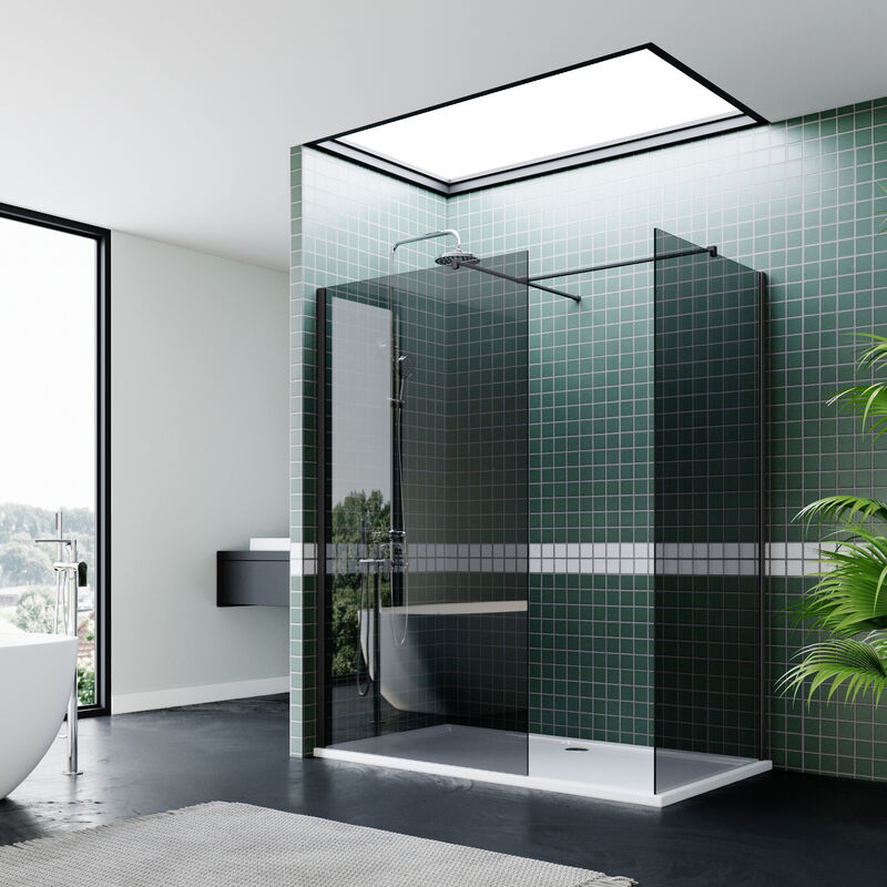 ELEGANT 800mm Grey Nano Glass Walk in Shower Screen + 700mm Side Glass Panel Wet Room and 1500x900mm Shower Base Tray + Free Waste Trap + Double
