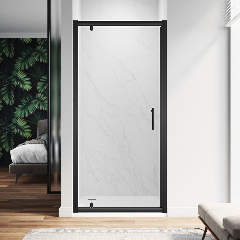 ELEGANT 800mm Pivot Hinge Shower Door 6mm Safety Glass Shower Enclosure Cubicle Matte Black Frame with 800 x 900mm Shower Tray, Riser Kit