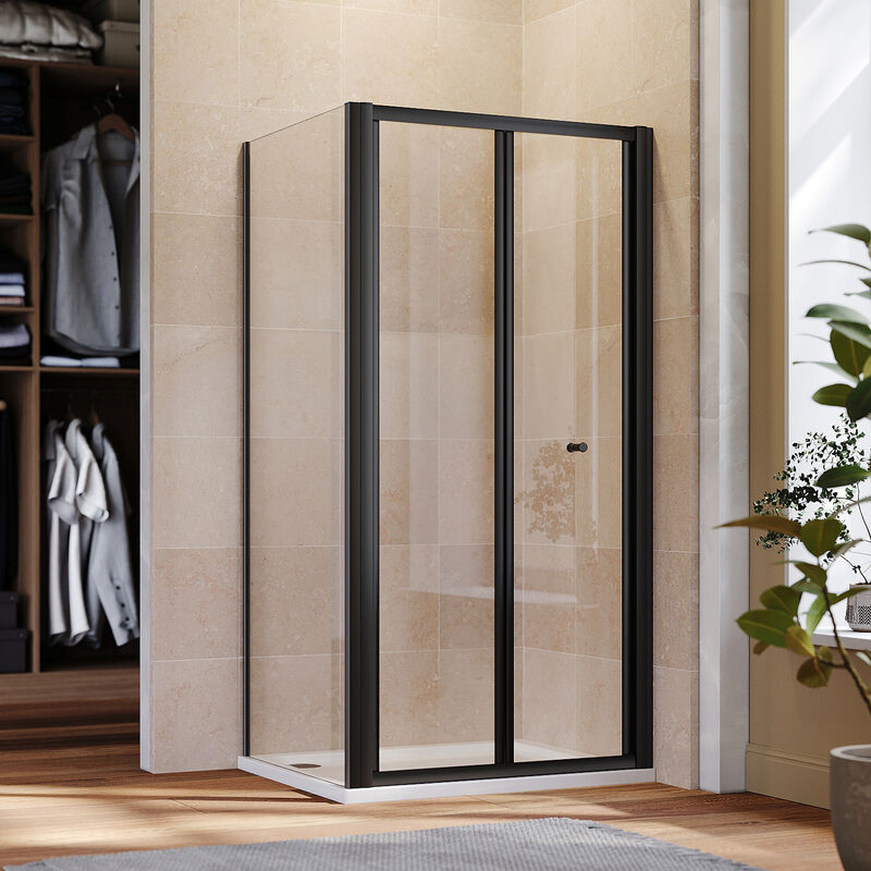 ELEGANT 900mm Black Frame Bifold Shower Door Enclosure with 900mm Side Panel Folding Bathroom Glass Wet room