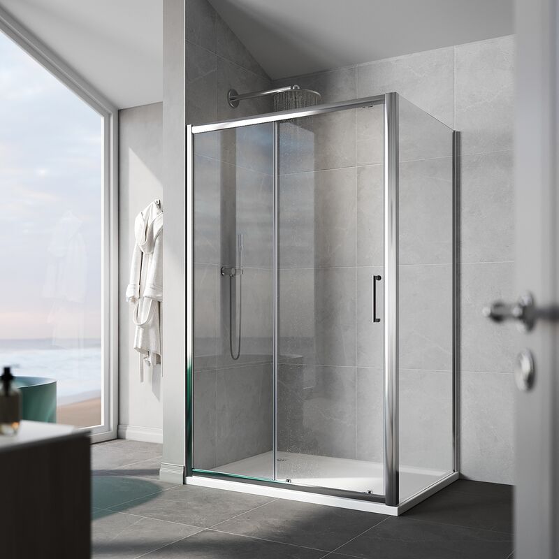 1000x800mm, 8mm Easy Clean Glass, Dual Aluminium frame, Sliding Shower Door Modern Bathroom with 800mm Side Panel, smc Tray + Waste Trap