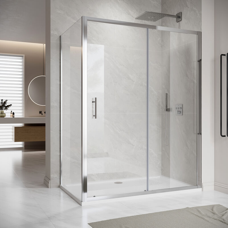 1000x800mm Sliding Door Shower Enclosure with 800mm Side Panel,SMC Tray & Waste Trap (6mm, Aluminium Frame) - Elegant