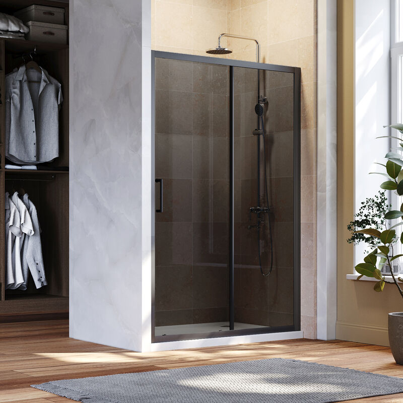 Black Sliding Shower Door 1000 x 760 mm Bathroom 8mm Nano Glass Shower Enclosure Easy Clean with Shower Tray and Waste - Elegant