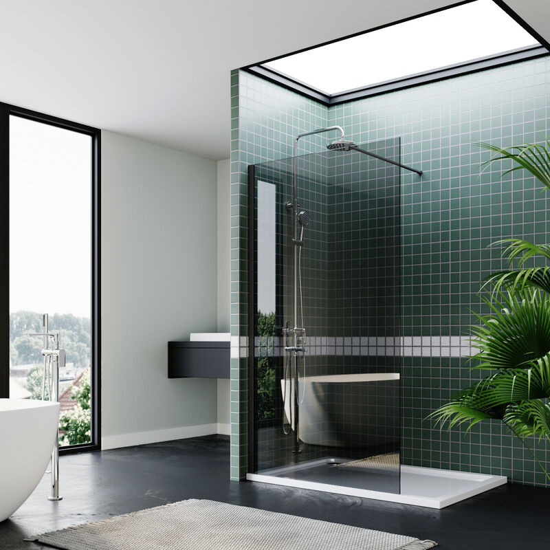 ELEGANT Grey 1200mm Walk in Shower Cabin Open Entry Shower Enclosure 8mm Easy Clean Bath Door + 1600x700mm Shower Base Tray + Waste Trap Include a
