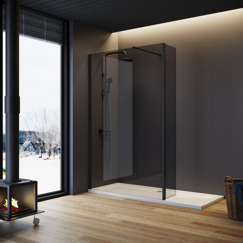 ELEGANT Grey Shower Door 700mm with Dark Flipper Panel Walk in Glass Bathroom Shower Enclosure Include Support Bar + Shower Tray 1100x900mm + Free