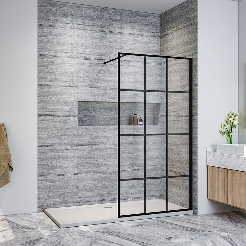 Walk in Shower Door Wet Room Reversible Shower Screen Panel 8mm Safety Glass Matte Black Walkin Shower Door 900mm with 1500x800mm Anti-Slip Resin