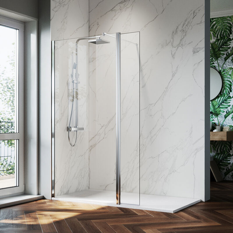 Walk in Shower Enclosure 8mm Easy Clean Glass (760mm Shower Screens + 300mm Flipper Glass) with 1200x900mm smc Tray, Waste Trap - Elegant