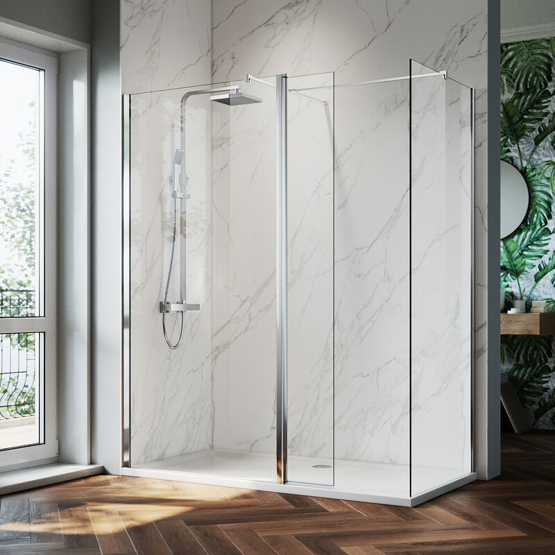Walk in Shower Enclosure 8mm Easy Clean Glass (760mm Shower Screens + 300mm Flipper Glass) with 1500x900mm smc Tray, Waste Trap + 900mm Side Panel