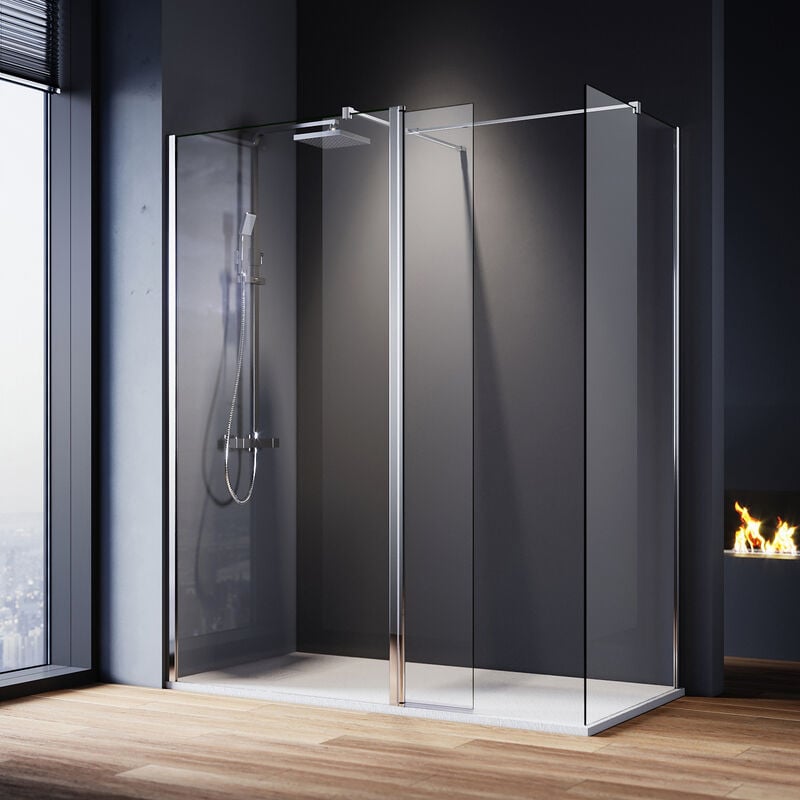 Walk in Shower Enclosure 6mm Tempered Safety Glass (700mm Shower Screens + 300mm Flipper Panel) with 1200x800mm smc Tray, Waste Trap + 800mm Side