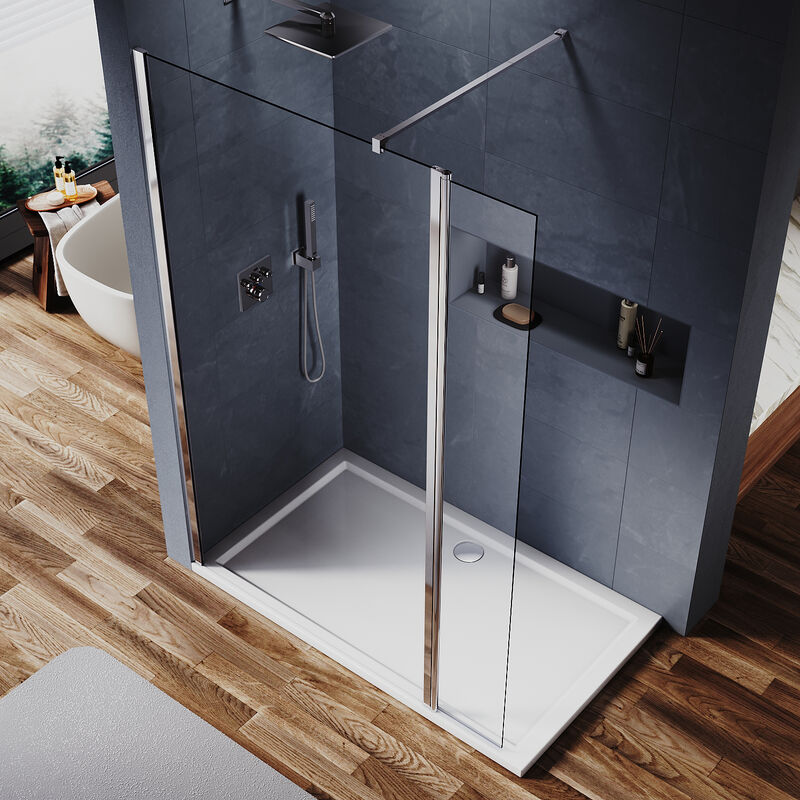 Walk in Shower Enclosure 6mm Tempered Safety Glass (700mm Shower Screens + 300mm Flipper Panel) with 1500x900mm smc Tray, Waste Trap - Elegant