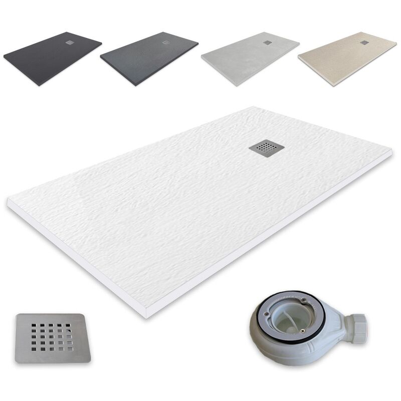 Extra-flat resin shower tray Outletaseo slate texture non-slip -【100x80 cm, white RAL-9003】- Includes Drain Valve + Grid - white RAL-9003