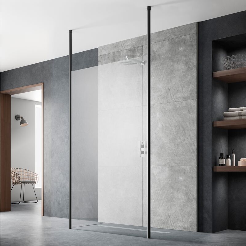 Wet Room Screen with Ceiling Post 700mm Wide - 8mm Glass - Hudson Reed