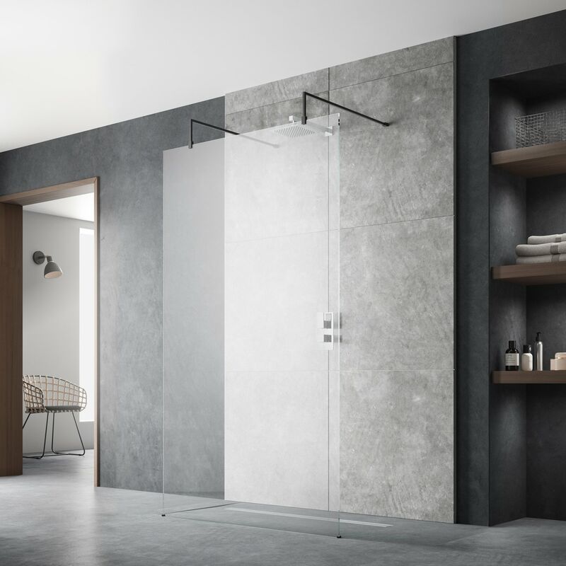 Wet Room Screen with Support Arms and Feet 800mm Wide - 8mm Glass - Hudson Reed