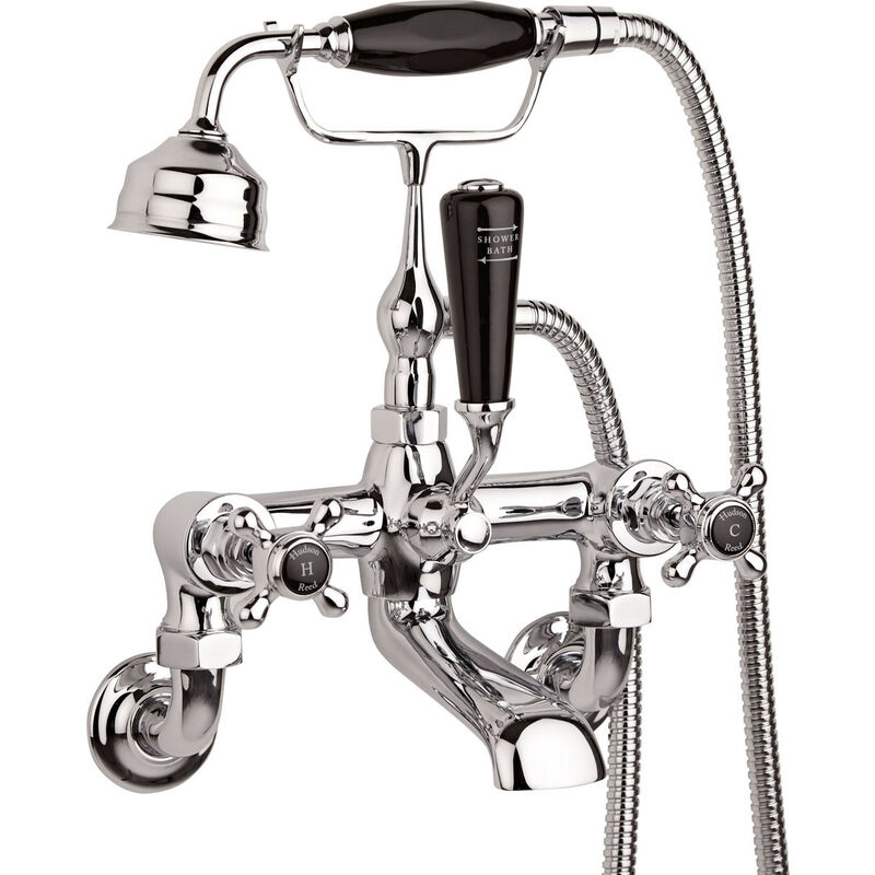 Wall Mounted Topaz Black Crosshead Tap Bath and Shower Mixer with Hexagonal Collar - BC404HXWM - Silver - Hudson Reed