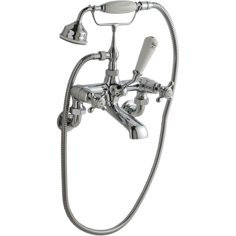Wall Mounted Topaz White Crosshead Tap Bath and Shower Mixer with Dome Collar - BC304DXWM - Silver - Hudson Reed