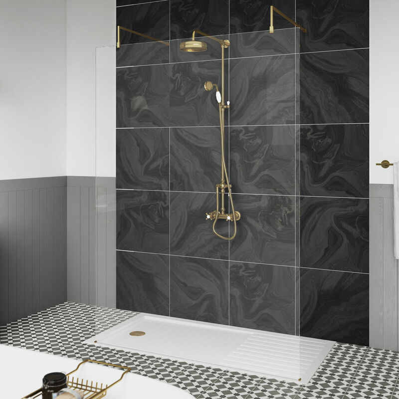 Wet Room Screen with Brass Support Arms and Feet 1100mm Wide - 8mm Glass - Hudson Reed