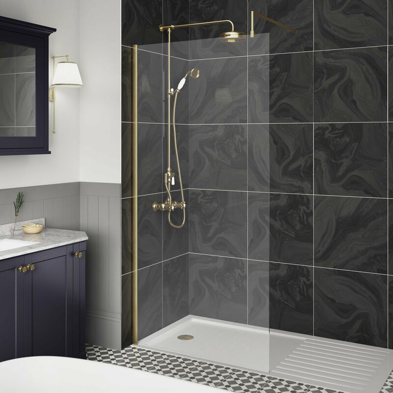 Wet Room Screen with Brass Support Bar 1000mm Wide - 8mm Glass - Hudson Reed