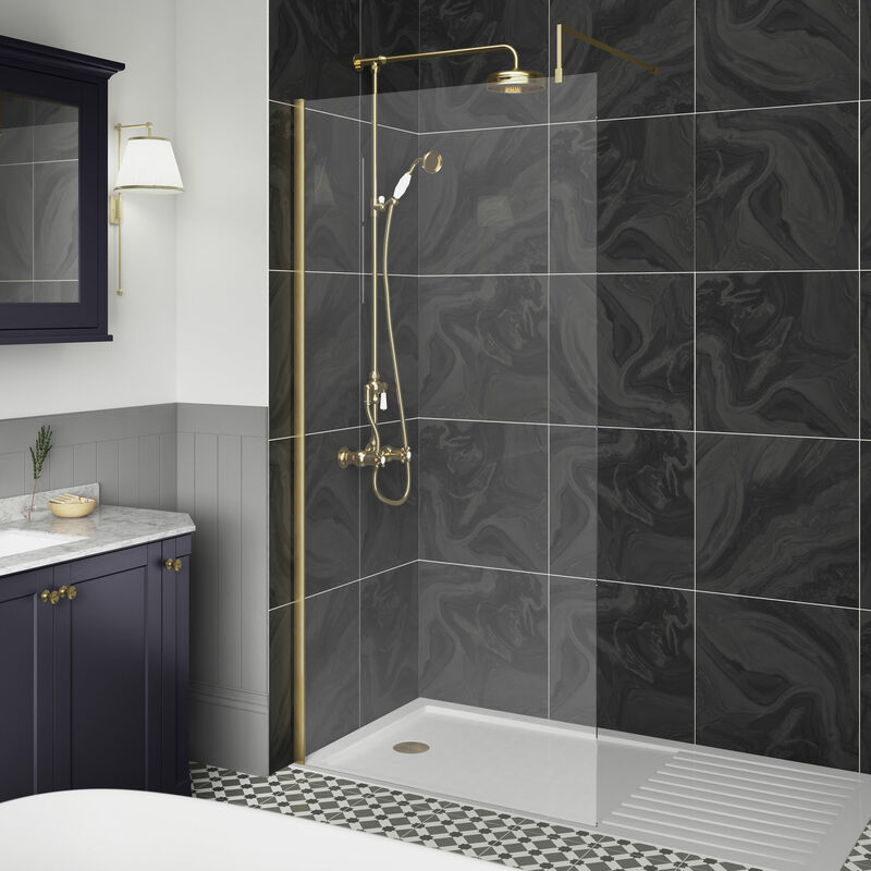 Wet Room Screen with Brass Support Bar 1400mm Wide - 8mm Glass - Hudson Reed