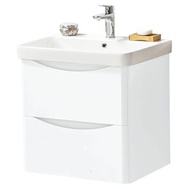 Wall Mounted 600mm x 460mm 2 Drawer Cabinet with Ceramic Basin, White - Kartell