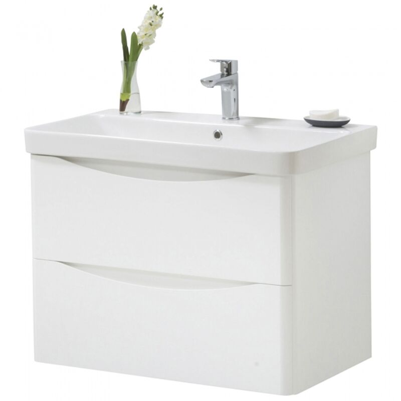 Wall Mounted Two Drawer 800mm x 460mm Cabinet with Ceramic Basin, White - Kartell