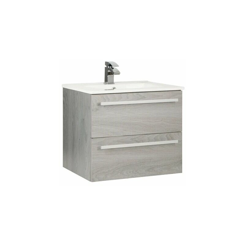 Wall Mounted 2 Drawer Cabinet & Ceramic Basin 600mm x 450mm, Silver Oak - Kartell