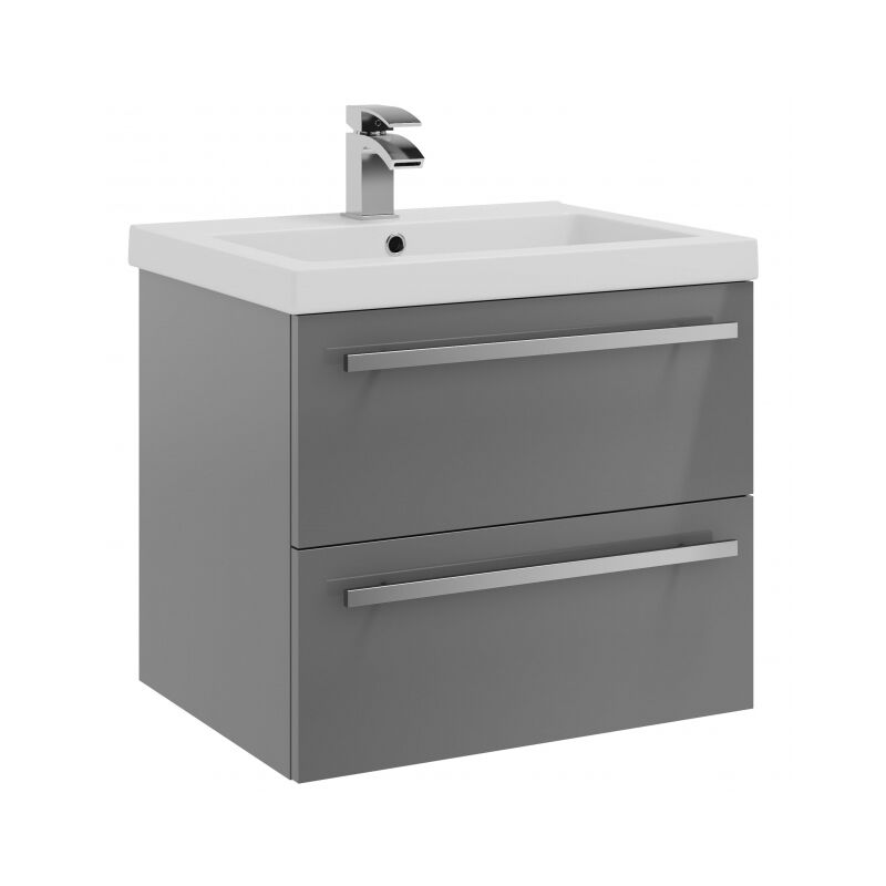 Wall Mounted Cabinet with Mid Depth Ceramic Basin 600mm x 450mm, Storm Grey Gloss - Kartell
