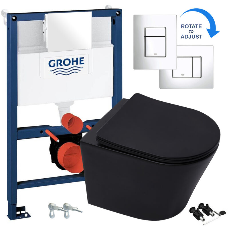 Matt Black Rimless eco Wall Hung Toilet Pan, Seat & grohe 38773000 ...