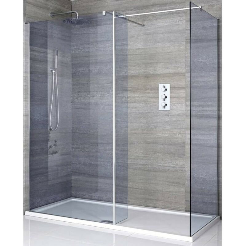Portland-Luna - Chrome Corner Walk In Frameless Wet Room Shower Enclosure with Smoked Glass Screens and Hinged Return Panel&44 Support Arms and White