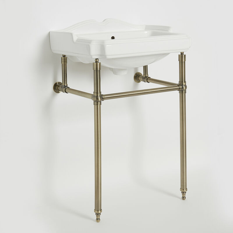 Windsor - Traditional 590mm x 495mm White Ceramic Bathroom Basin Sink with Brushed Gold Washstand - 2 Tap Hole - Milano