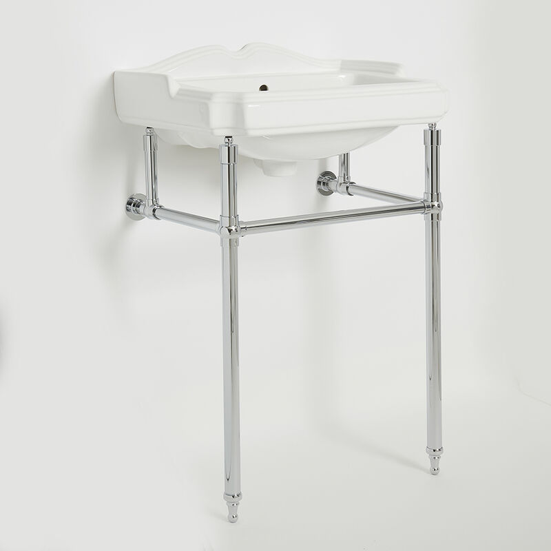 Windsor - Traditional 590mm x 495mm White Ceramic Bathroom Basin Sink with Chrome Washstand - 2 Tap Hole - Milano