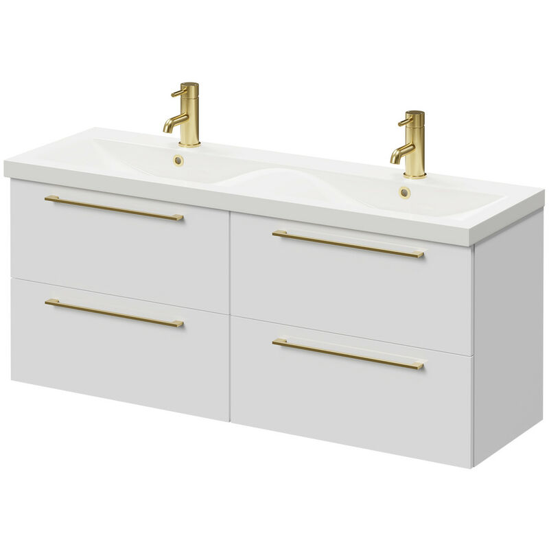 Gloss White 1200mm Wall Mounted Vanity Unit with Ceramic Double Basin and 4 Drawers with Brushed Brass Handles - Gloss White - Napoli