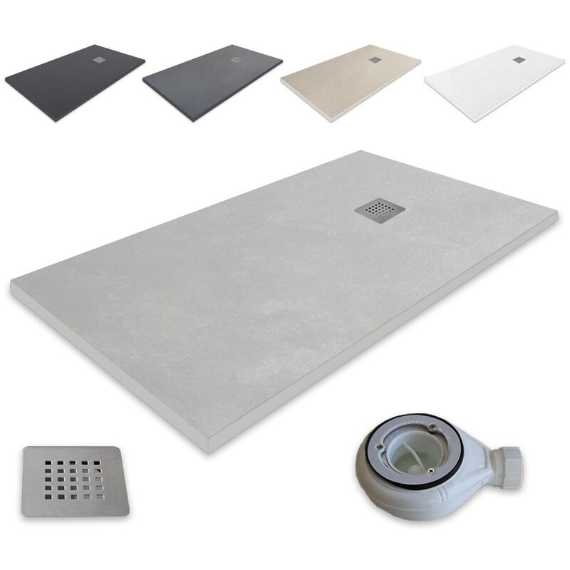 Extra-flat resin shower tray Outletaseo slate texture non-slip -【180x90 cm, cement gray RAL-7036】 - Includes Drain Valve+Grate - - cement gray