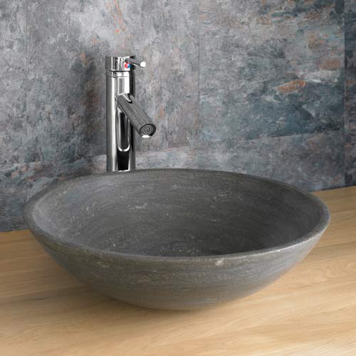 Round Counter Mounted Bathroom Basin in Black Limestone 400mm Diameter Portici