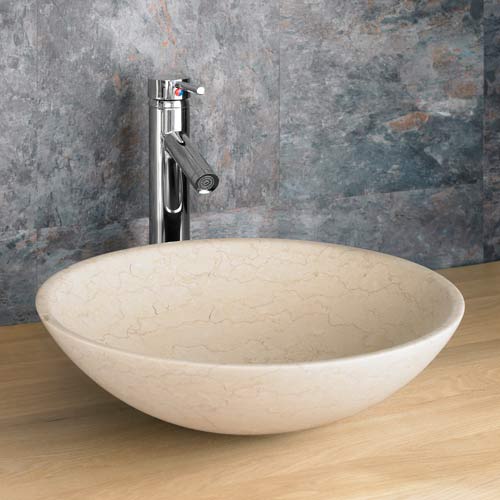 Round Counter Mounted Bathroom Basin in Cream Limestone 400mm Diameter Portici