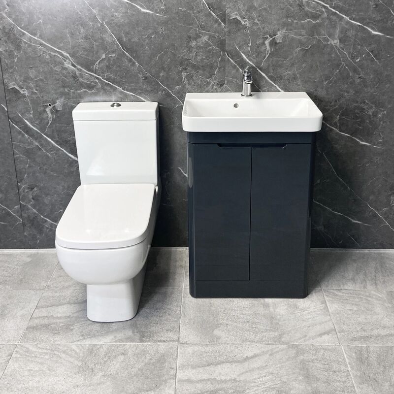 Hydros - rak Series 600 Toilet + Ross 550mm Vanity Unit Bathroom Suite White / Anthracite, White Gloss-No Tap - Anthracite