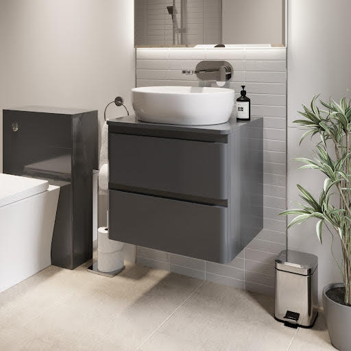 Regis Forma 600mm Grey Gloss Wall Hung Countertop Vanity Unit & St Tropez White Basin