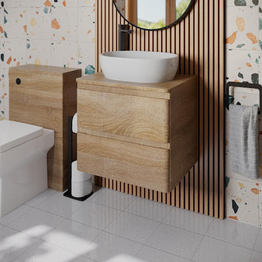 Regis Forma Wood Wall Hung Countertop Vanity Unit & Affine St Tropez White Countertop Basin 600mm