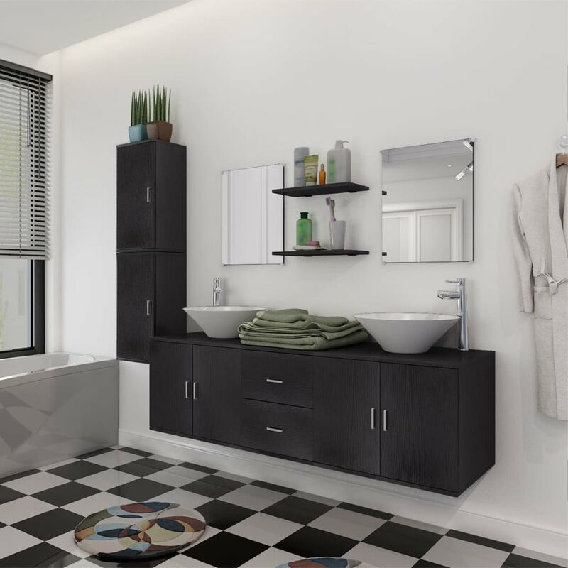 11 Piece Bathroom Furniture Set with Basin with Tap Black - Royalton