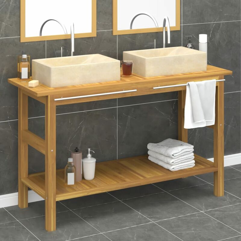 Bathroom Vanity Cabinet with Cream Marble Sinks Solid Wood Teak - Royalton