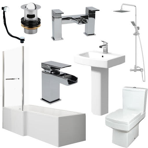 L Shape Bathroom Suite LH Taps Waste Shower & Screen With Rail