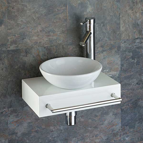 Narrow White Shelf 400mm and Small Round Basin Set with Tap plus Waste and Trap Gela